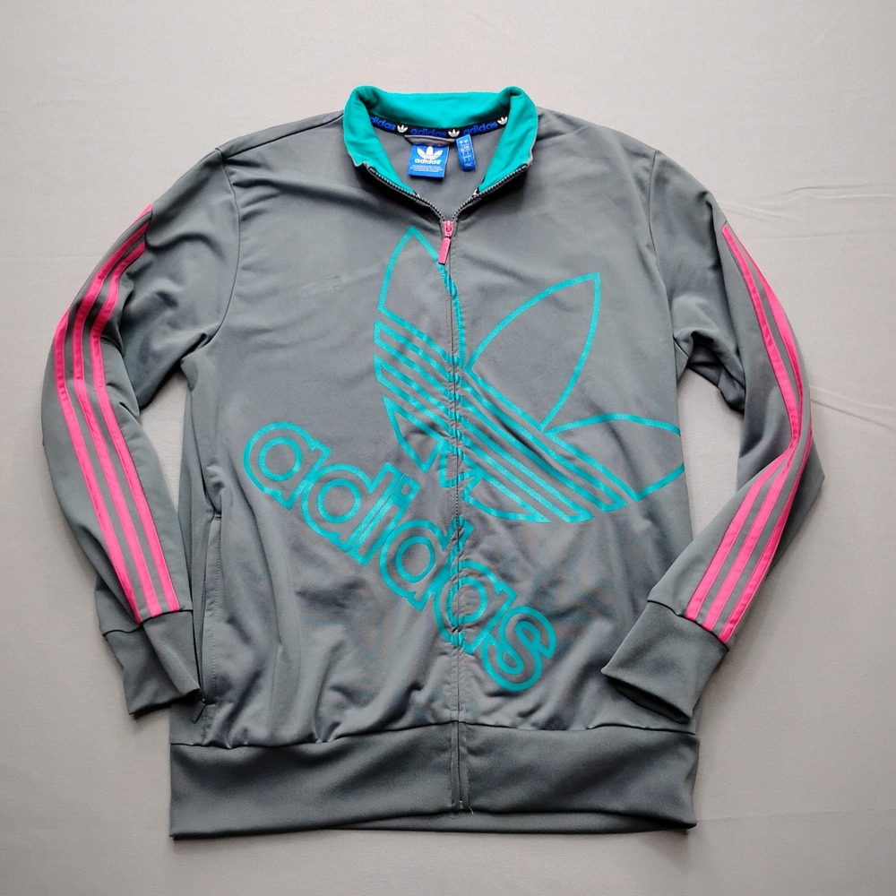 Adidas Originals Womens Track Jacket Grey Pink Teal Trefoil Full Zip D85180 L